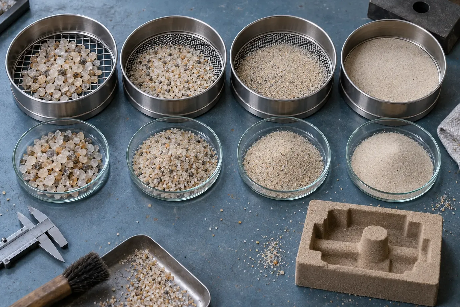 Natural quartz sand fractions and sieve basis for foundry mold specification