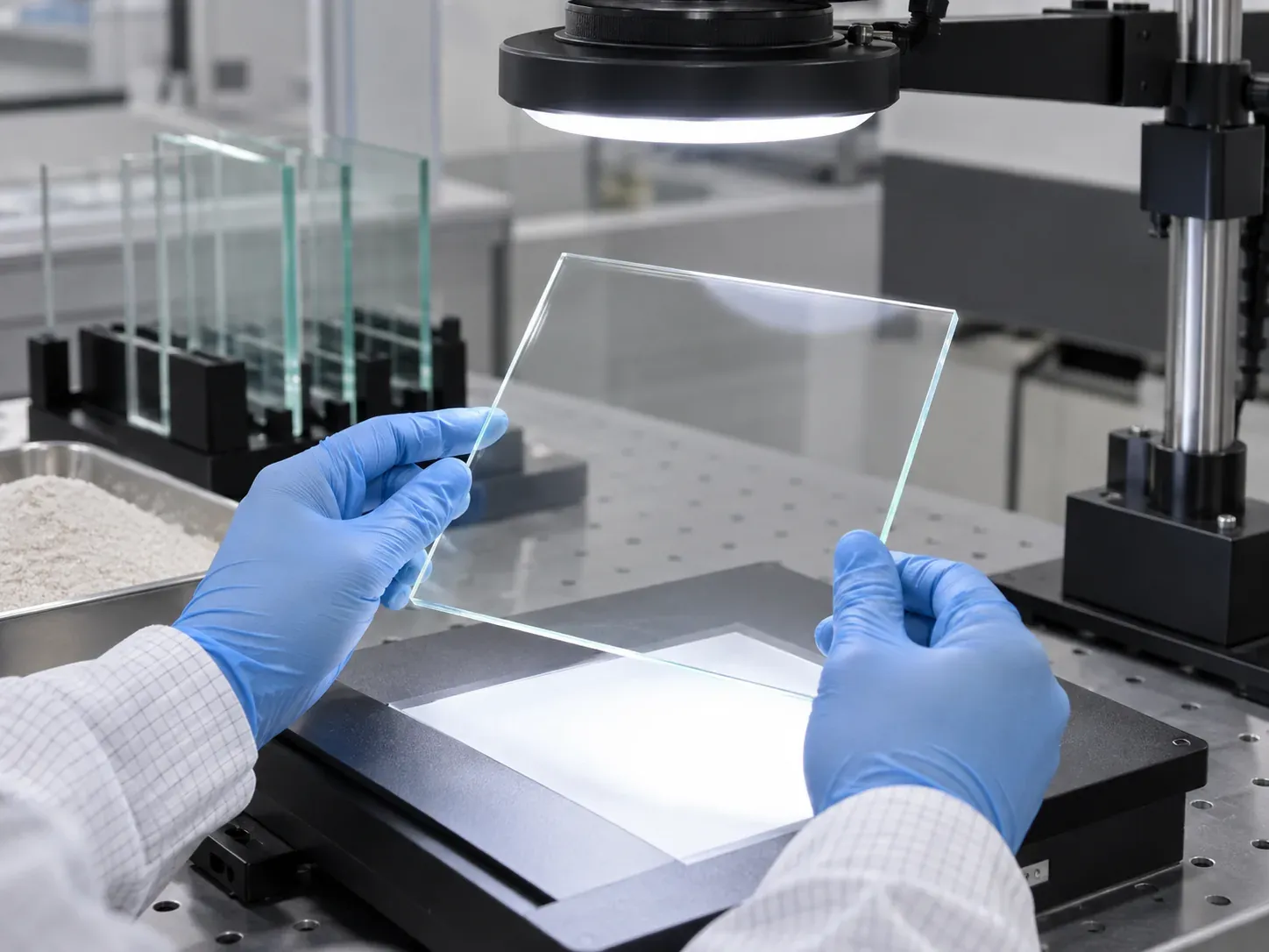 Optical inspection of a solar glass coupon after a quartz sand batch trial
