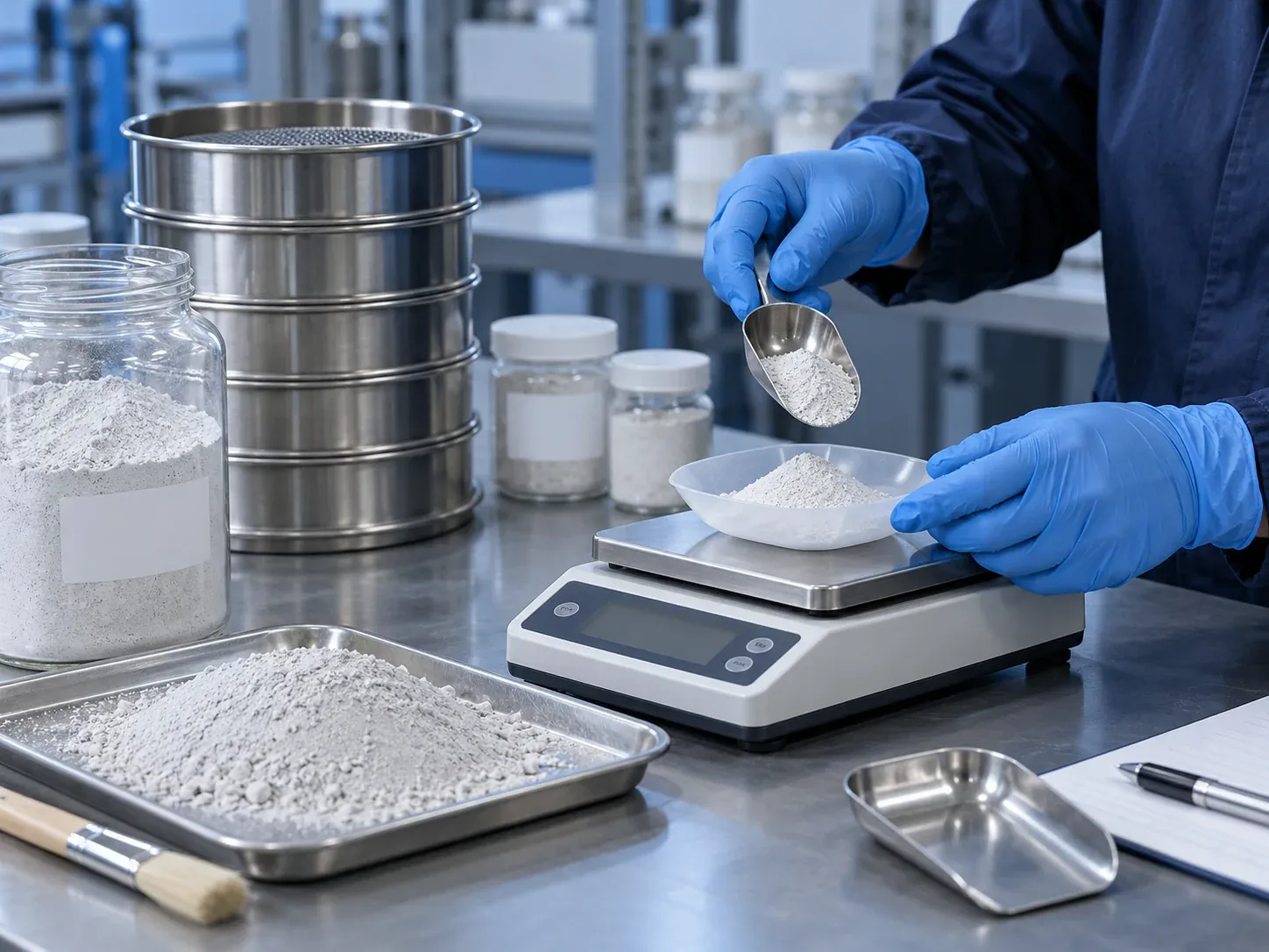 Gloved hands weighing a silica powder sample beside a sieve and sample jars