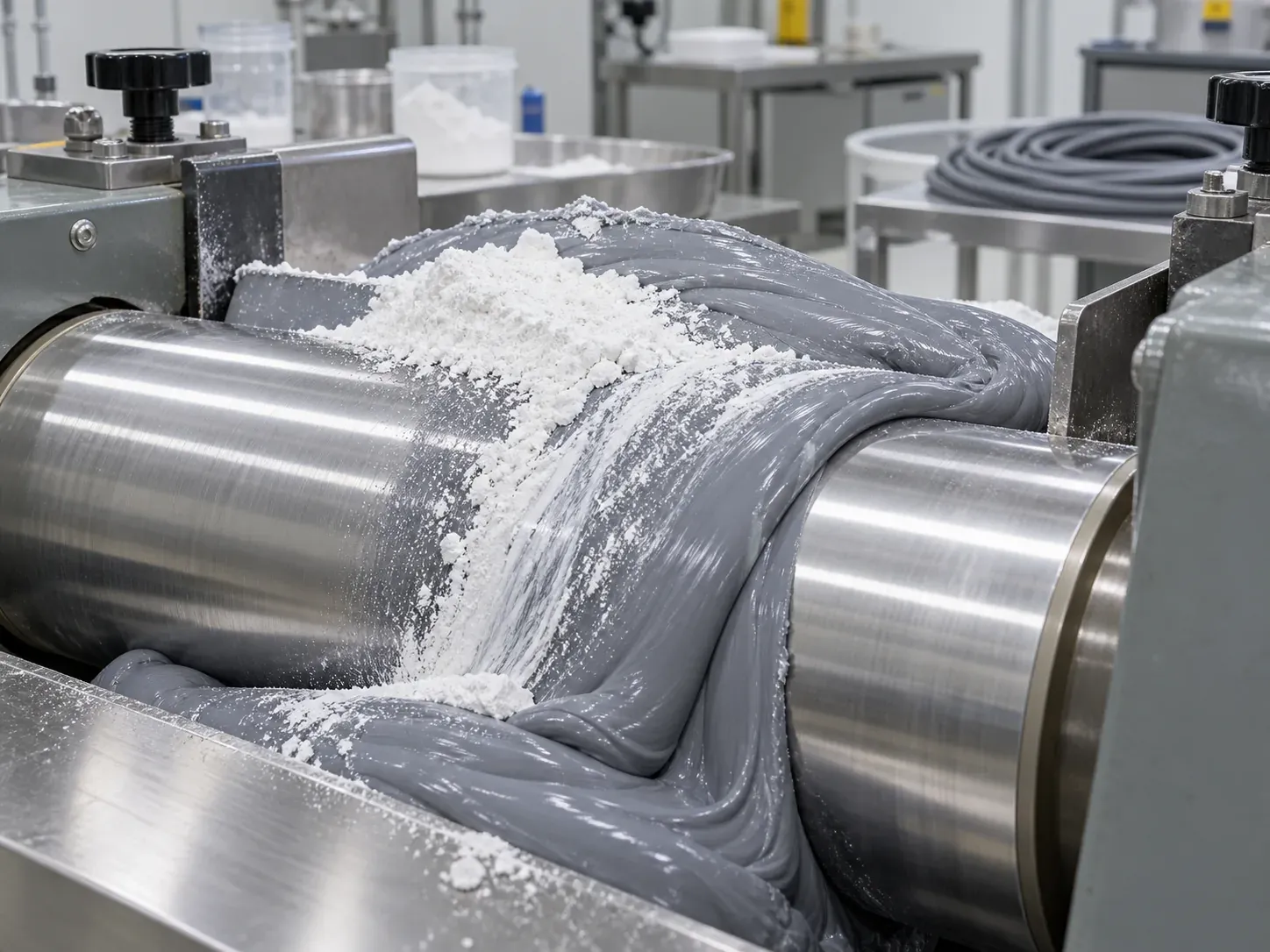 Two-roll mixing trial dispersing calcined cristobalite powder in silicone cable compound