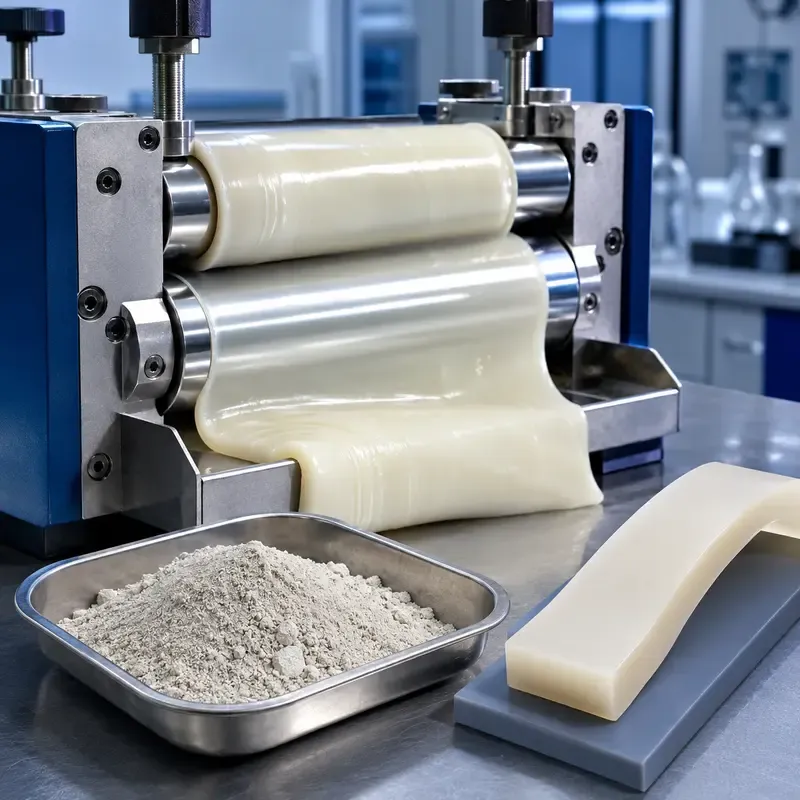 Calcined cristobalite filler in two-roll silicone rubber mixing