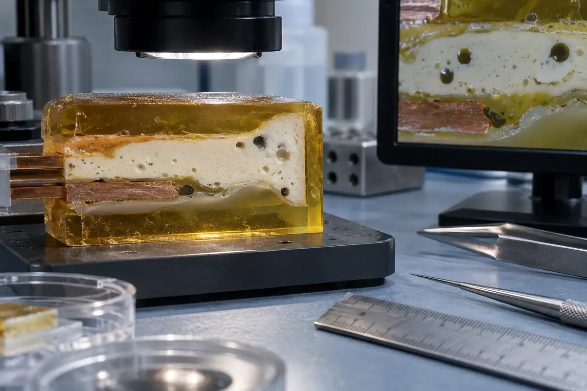 Cured epoxy electrical insulation specimen inspected for internal void risk