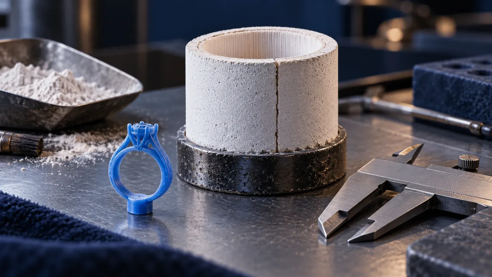 A cylindrical investment casting ring with a jewelry pattern and measuring tools on a workbench, illustrating geometry checks.