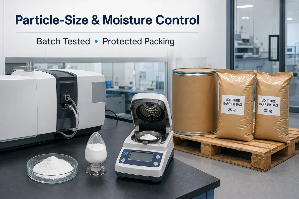 Particle size and moisture quality control for electrode grade ultrafine silica powder