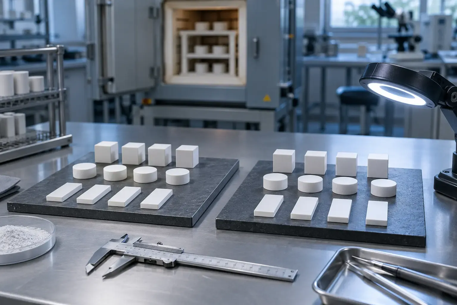Fired precision ceramic test pieces inspected for qualification evidence