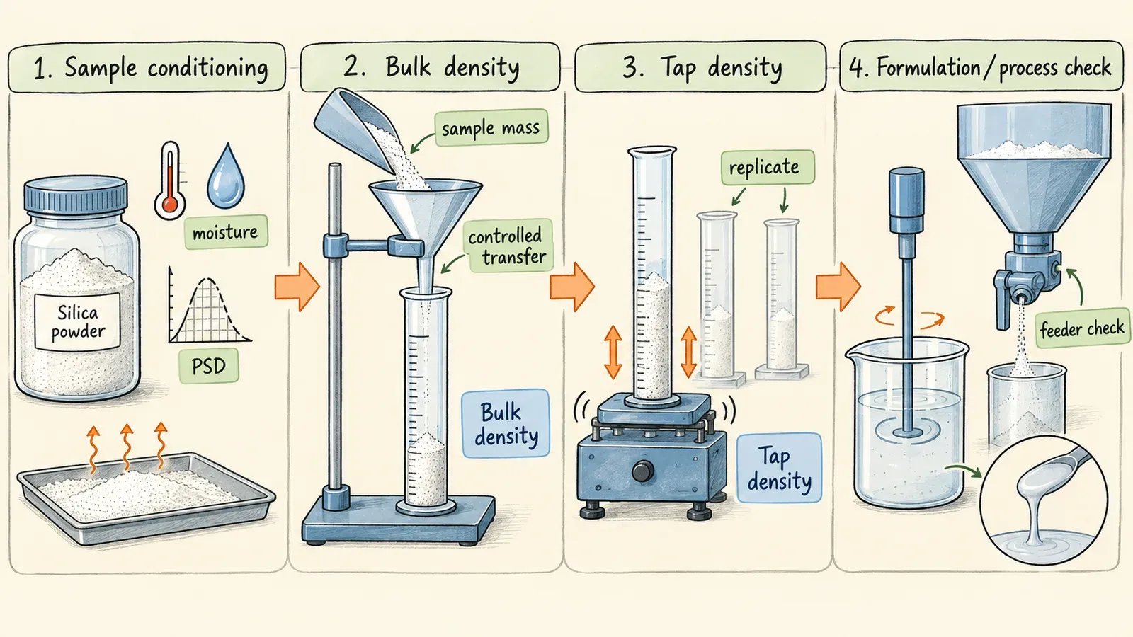 Bulk and tap density test workflow for silica powder formulation