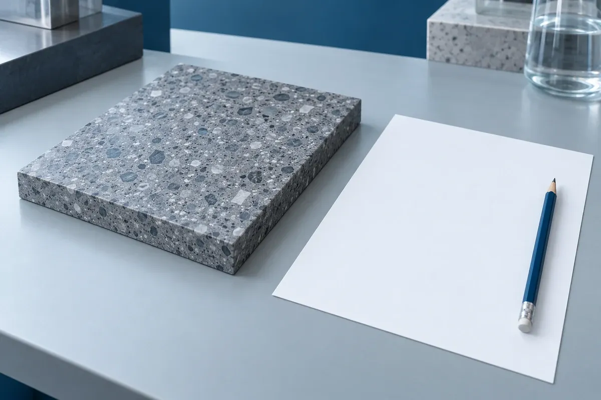 Illustrative slab coupon beside a blank laboratory worksheet and pencil