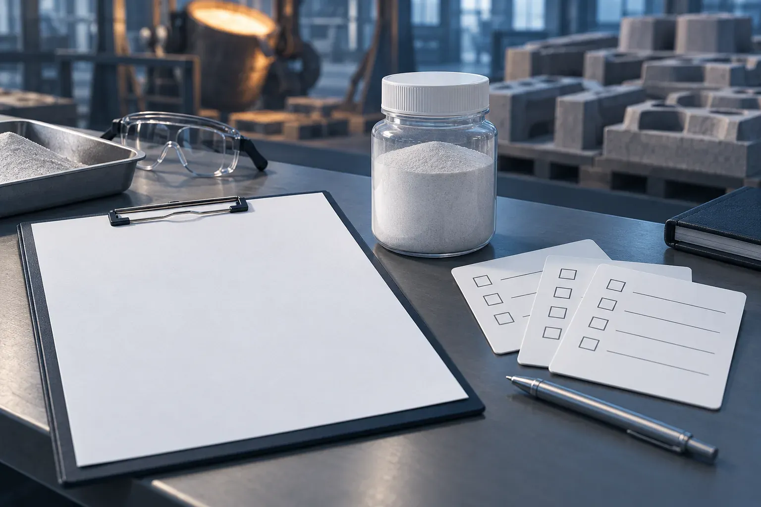 A blank checklist beside sample jars and sieves on a laboratory bench, illustrating review of a dustiness report and test method.