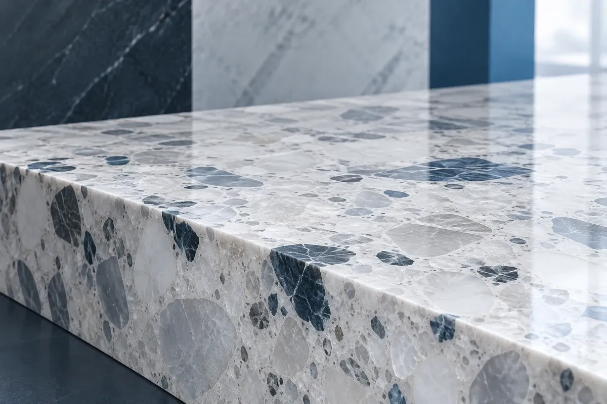 Illustrative close-up of a polished engineered-stone surface with cool white and slate aggregate texture