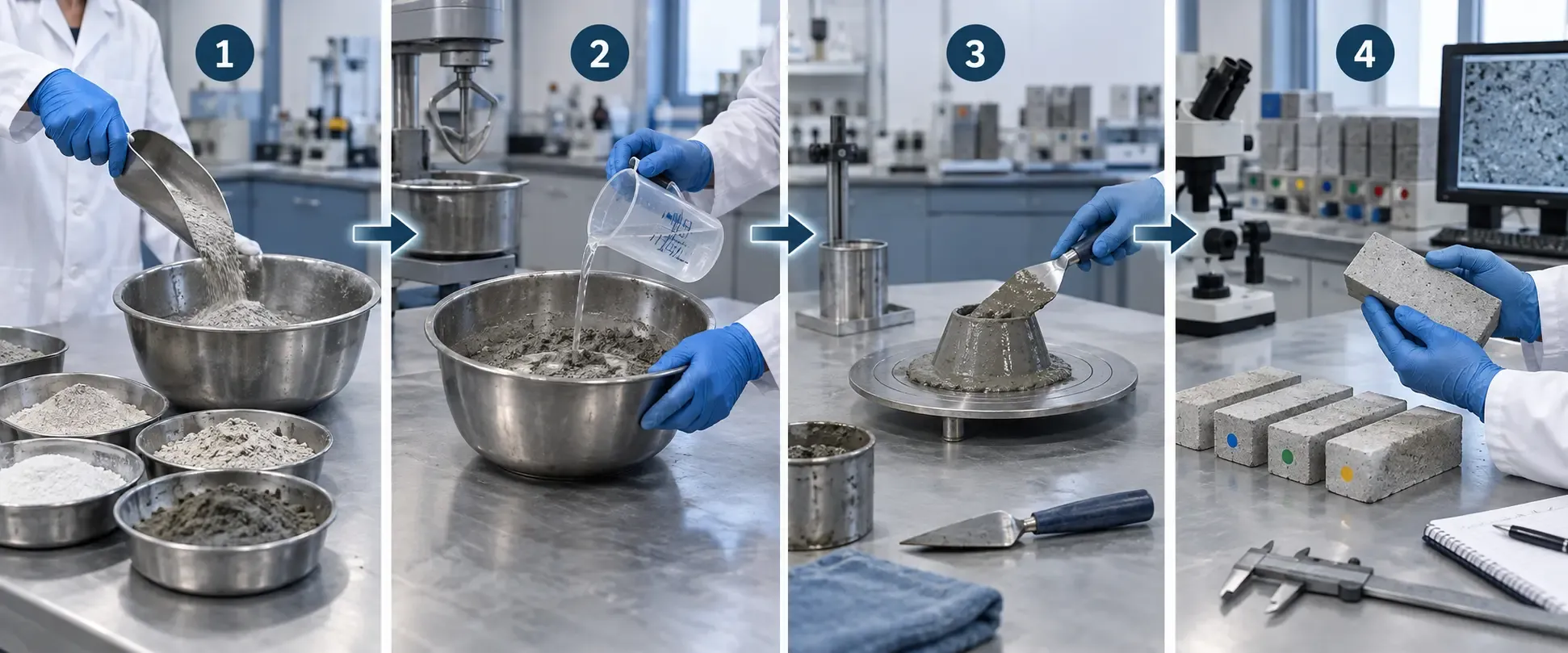 repair mortar screening workflow from dry blend to cured coupon