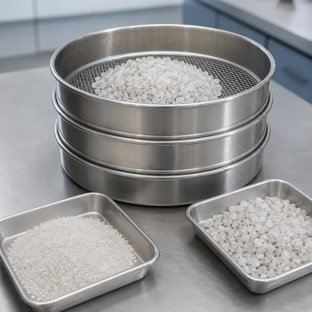 Natural quartz sand particle-size testing with laboratory sieves