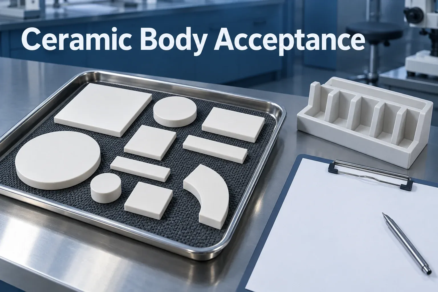 White ceramic coupons on a tray beside a blank acceptance checklist