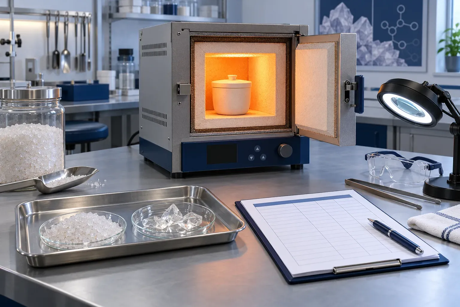 A laboratory furnace and glass specimen beside a blank trial record, illustrating a controlled melt comparison.
