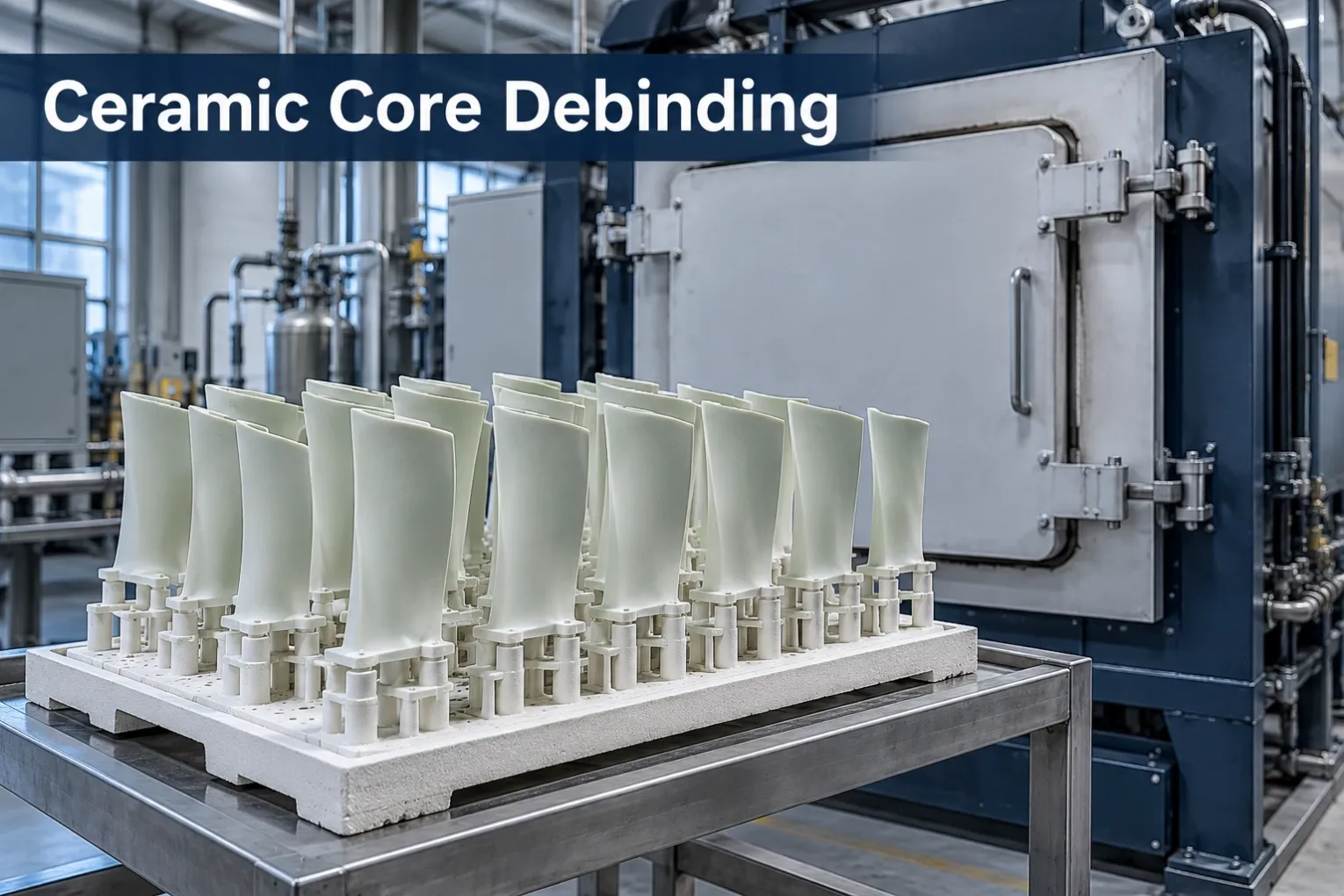 Ceramic core shapes on a tray beside a furnace