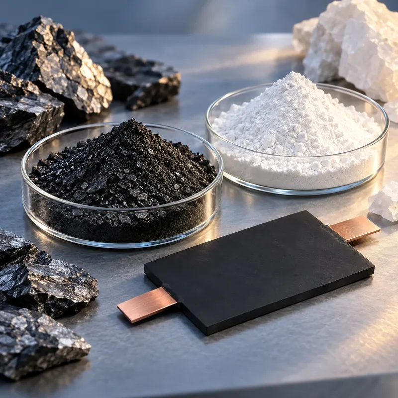 Conceptual graphite and cristobalite powders beside an unpowered black silicone coupon