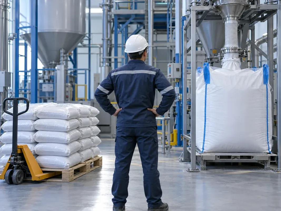 Operator assessing small bags and a bulk bag beside plant dosing equipment