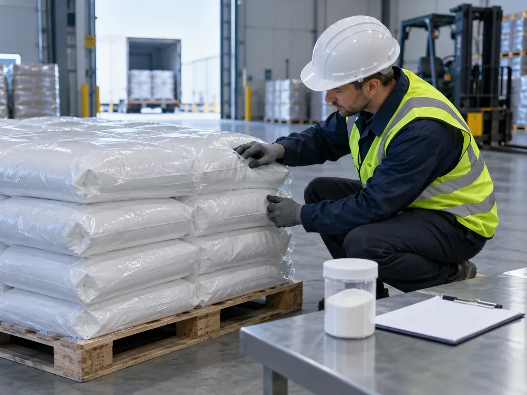 Palletized powder bags being loaded into shipping containers