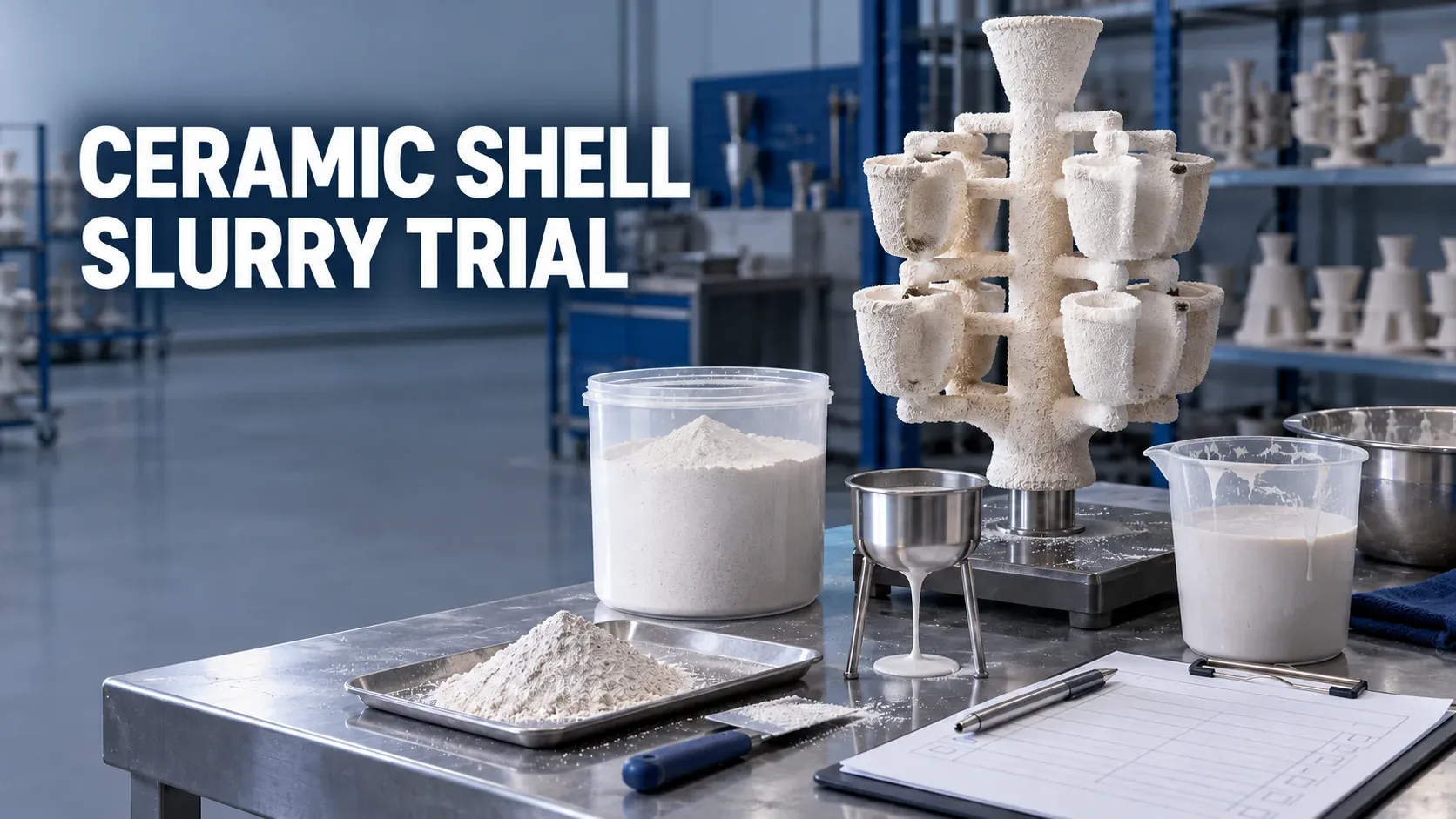 Illustrative investment-casting shell slurry setup with a shell tree, powder, slurry containers and a trial sheet.