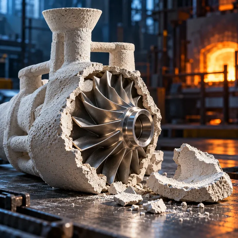 Conceptual ceramic casting shell opened around a precision metal component with warm foundry lighting.
