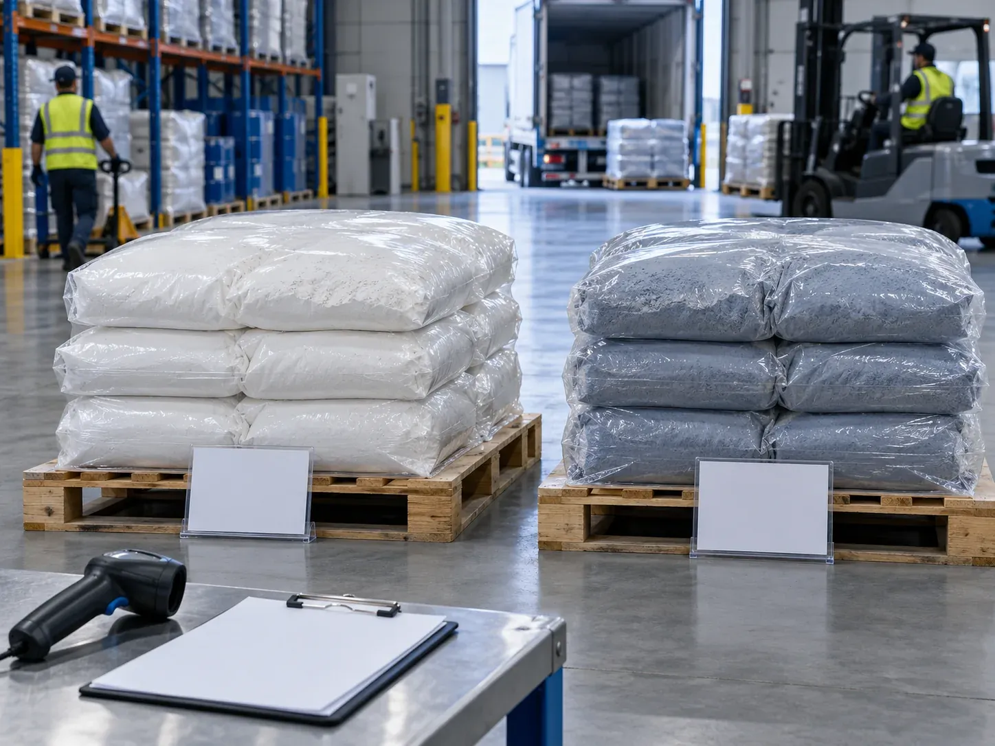 Two segregated powder grades staged on separate pallets for warehouse dispatch