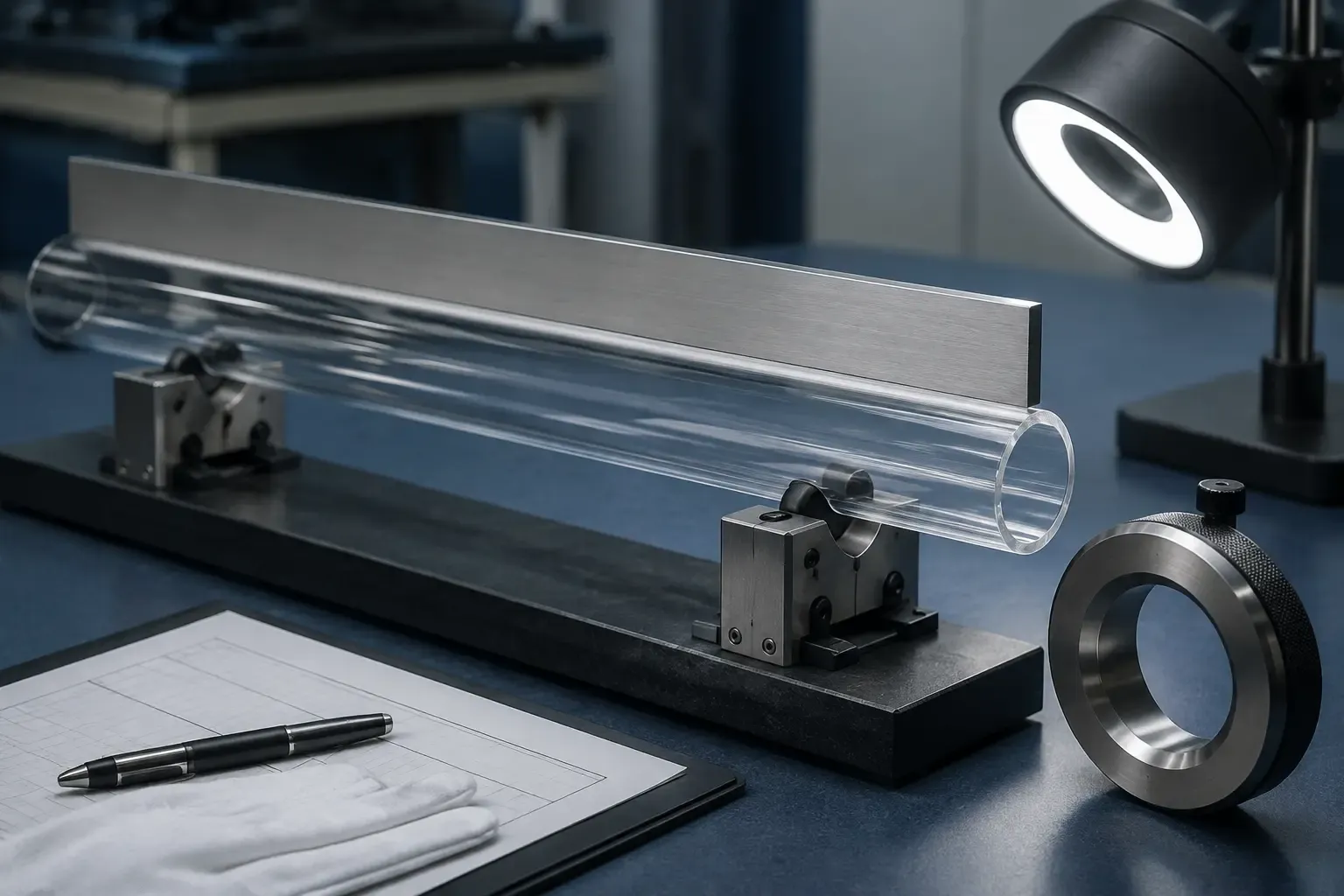 Clear quartz tube undergoing straightness end-finish and dimensional inspection