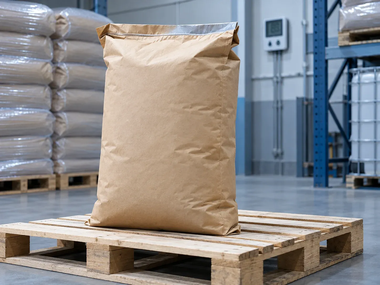 Sealed mineral powder bag on a raised pallet with a humidity monitor nearby
