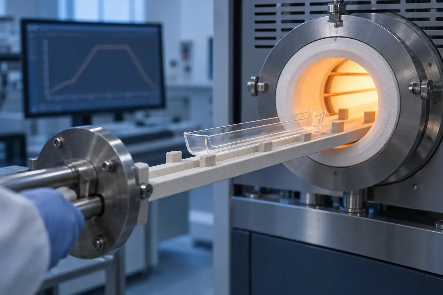 Quartz boat entering a controlled thermal processing furnace