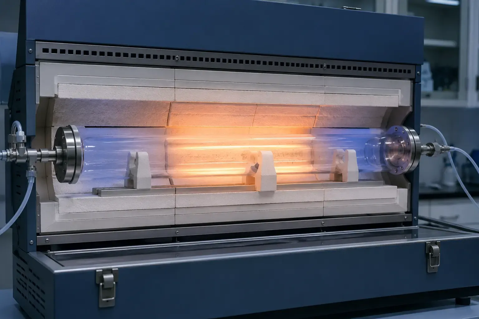 Clear quartz tube inside a tube furnace showing hot zone cool ends supports and gas-flow conditions
