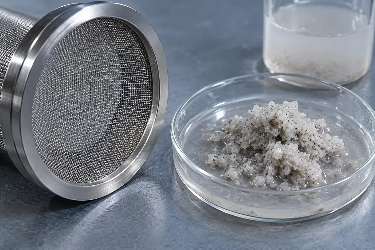 Illustrative sampling positions before and after an aqueous electrode slurry filter, with a separate retained-residue sample