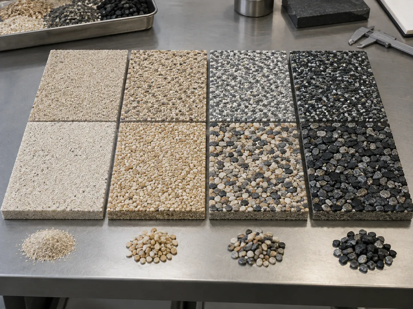 Cured resin flooring sample panels made with graded natural quartz sand