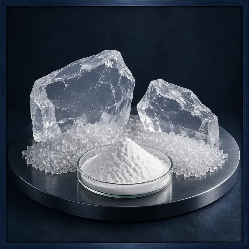 Fused silica category with transparent quartz blocks, granules and powder