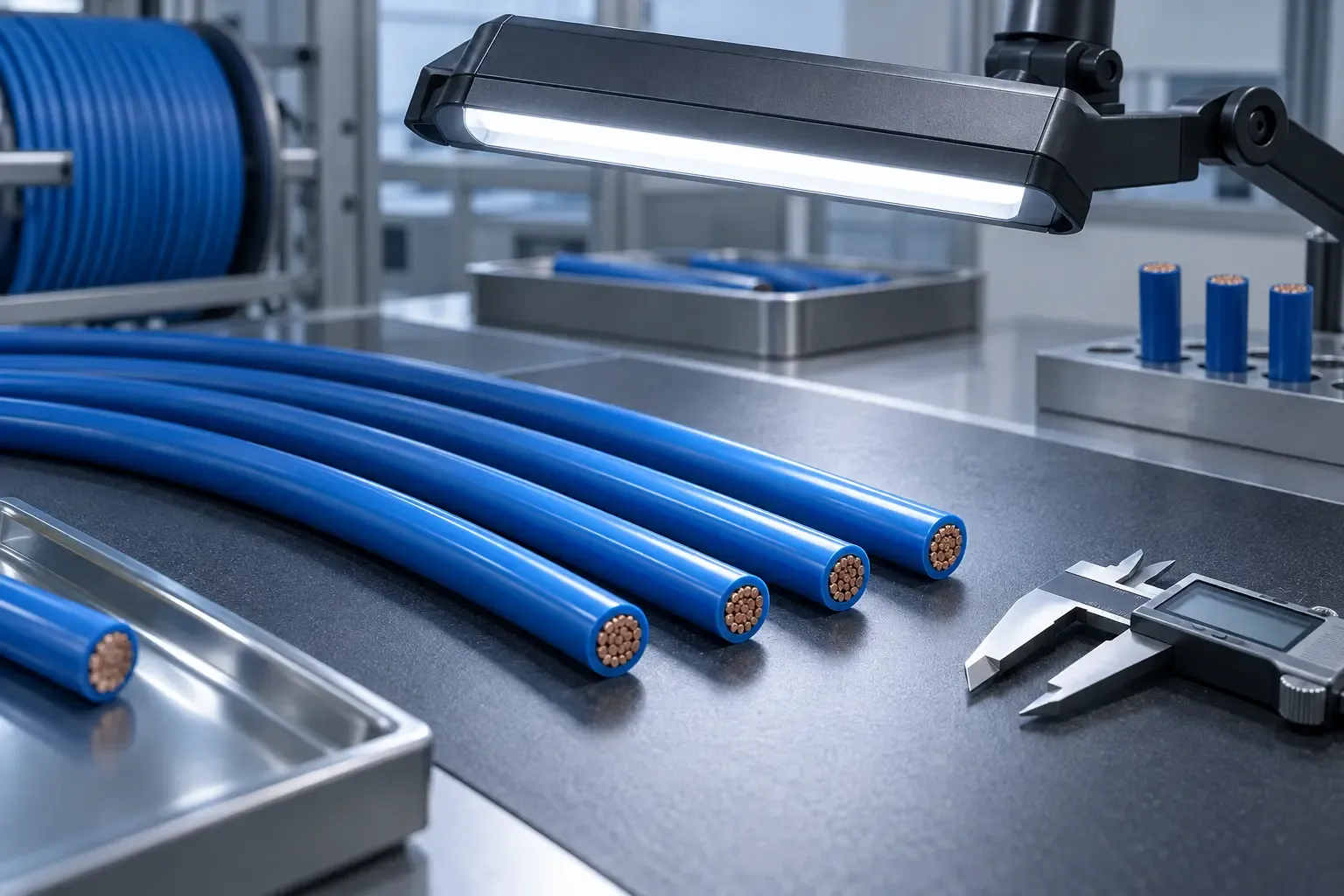Blue insulated cable samples under surface quality inspection