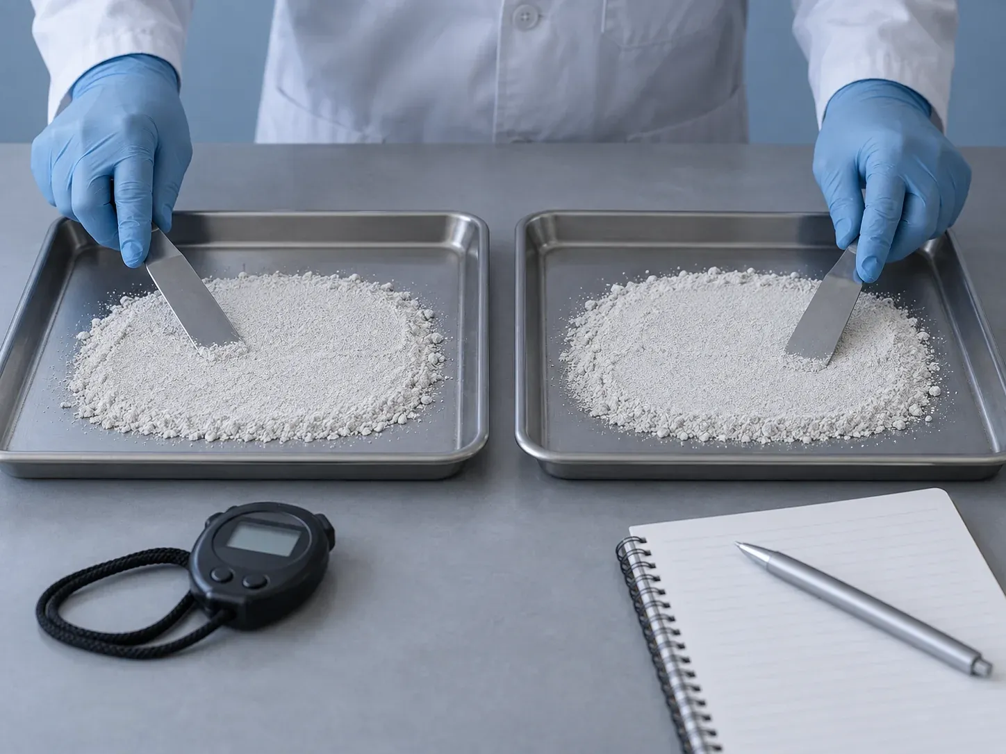 Two equal powder portions spread in separate trays for side-by-side visual comparison