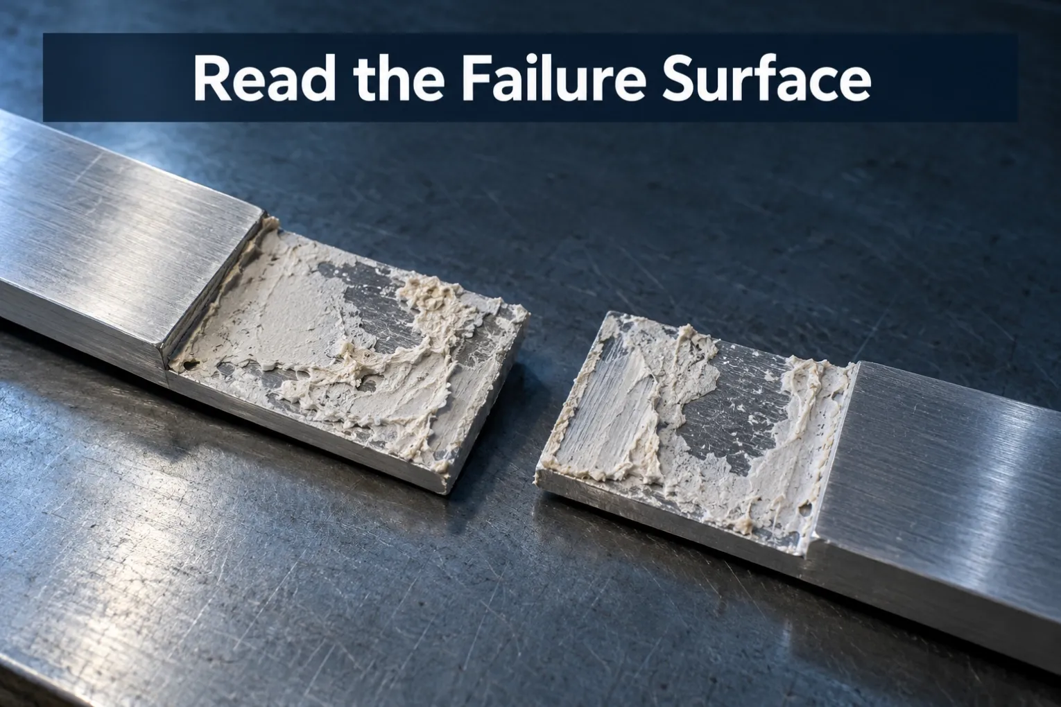 Separated metal adhesive coupons illustrating failure-surface inspection