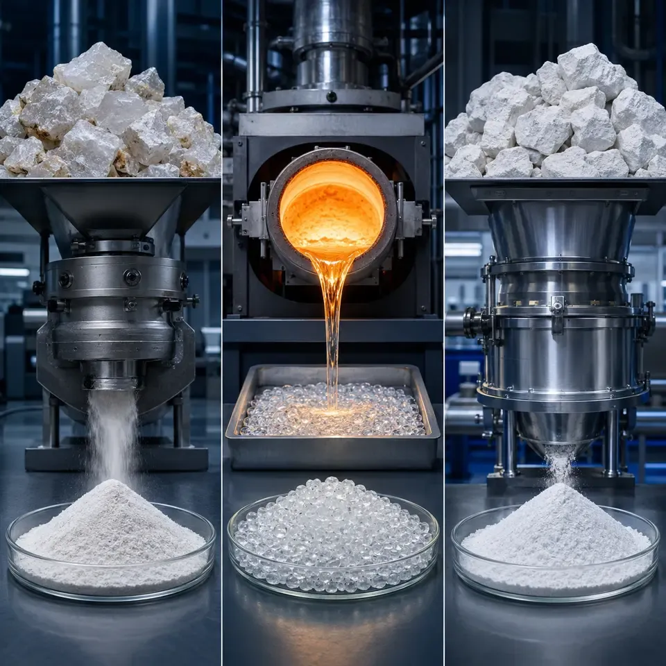 Technical comparison of silica material forms and processing routes for quartz powder, fused silica and cristobalite
