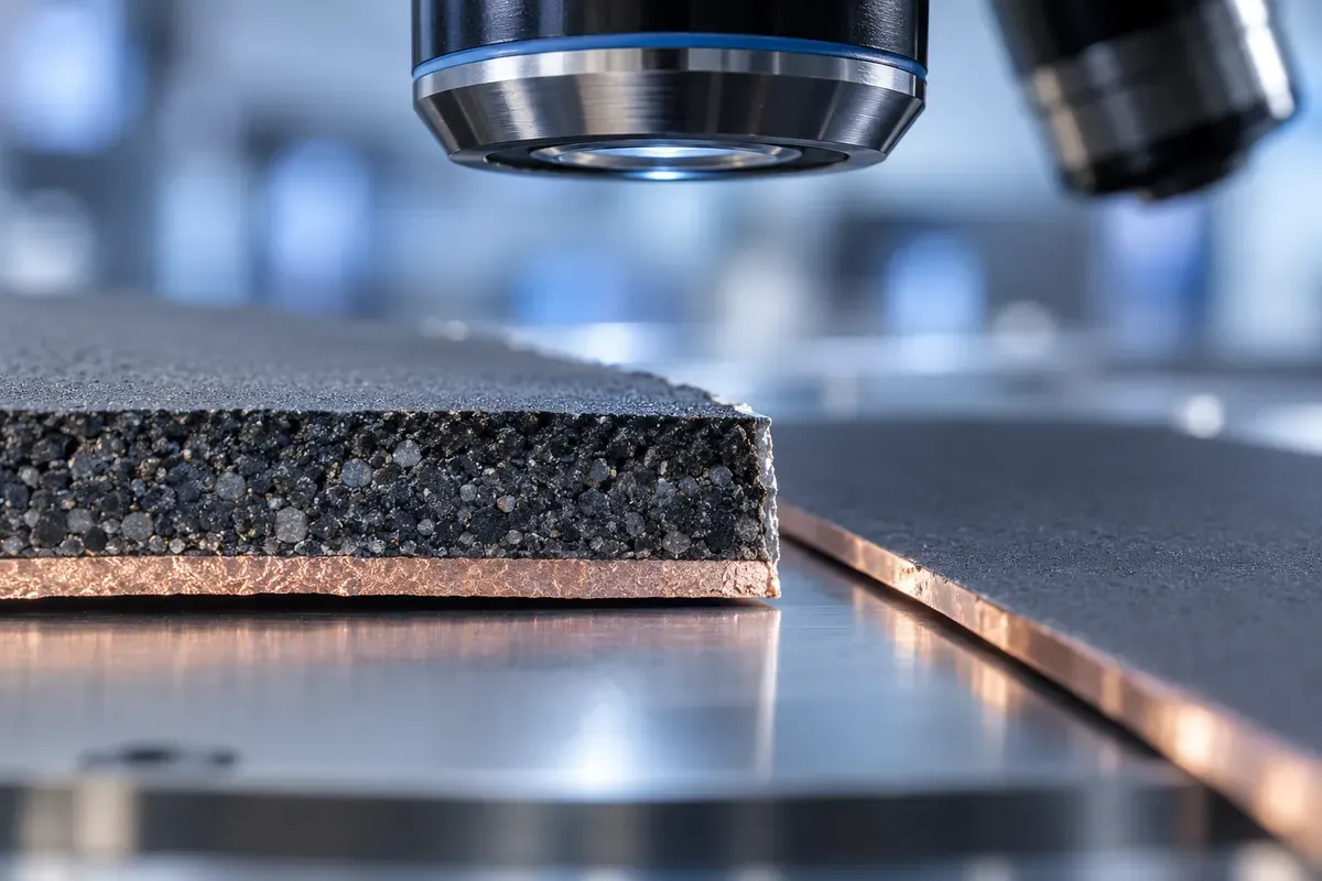 Illustrative dry electrode film inspection showing defined cross-web sampling positions for thickness, coating mass and microscopy