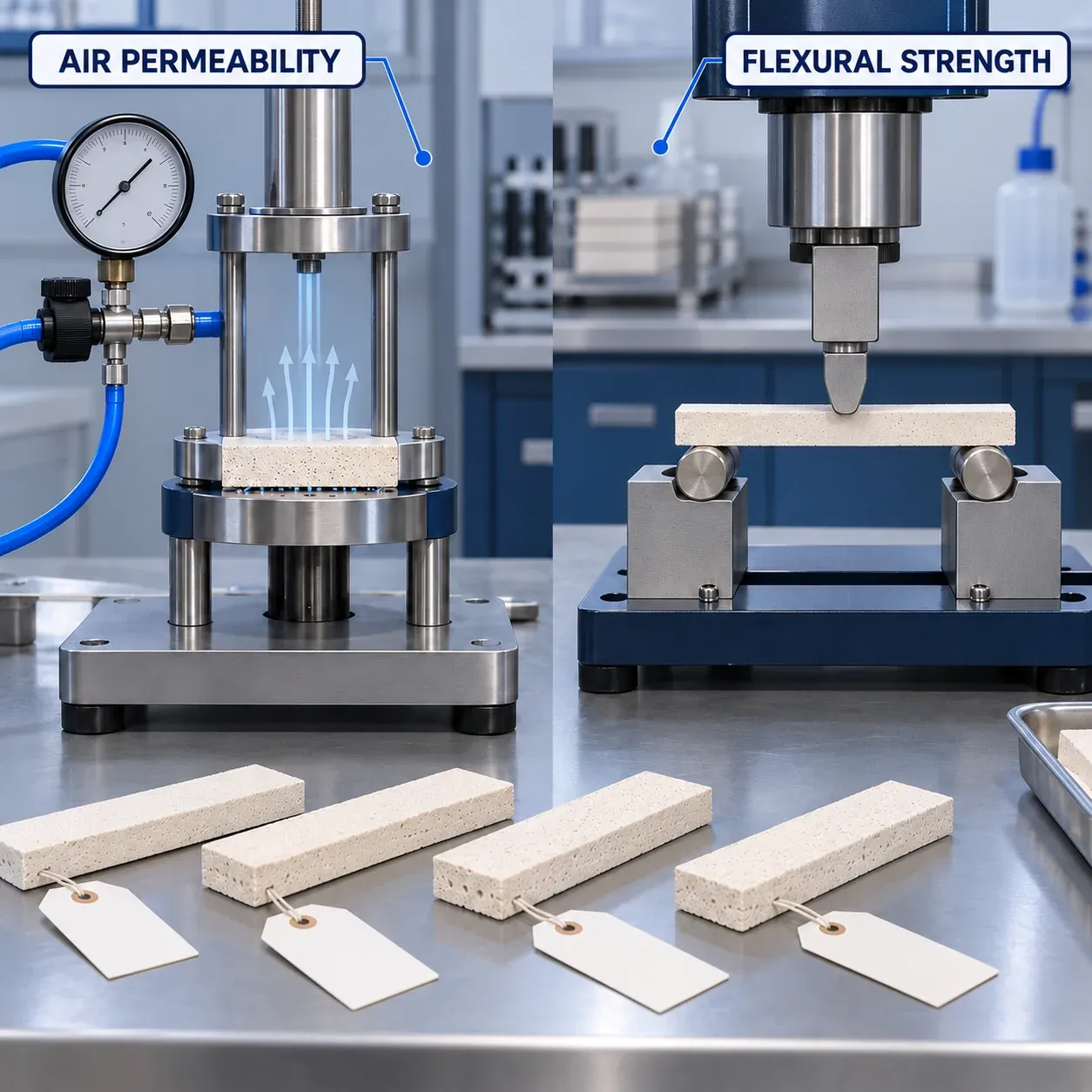 Illustrative test bench showing air permeability and flexural strength fixtures for shell specimens.
