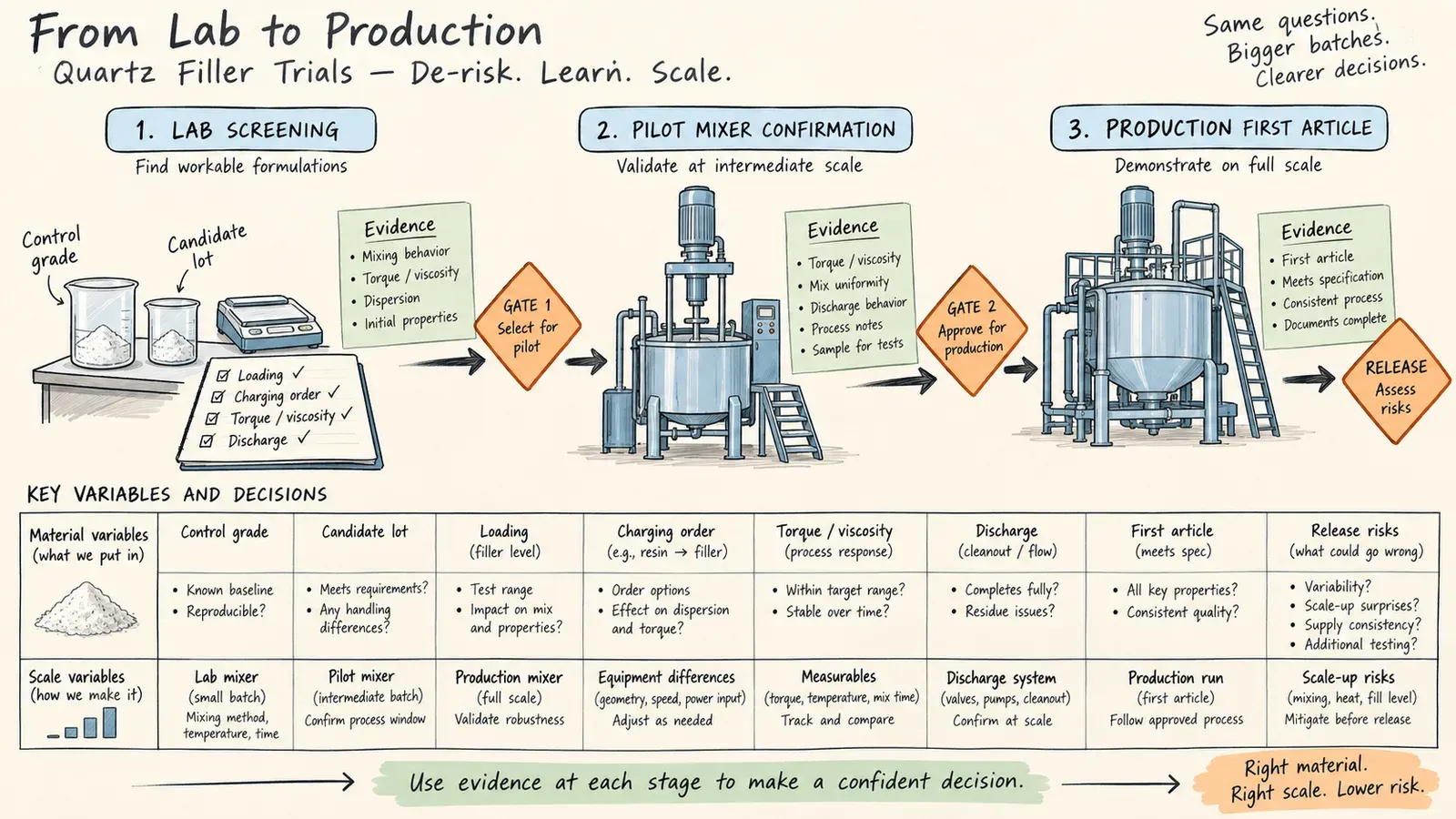 Pilot-scale quartz filler trial decision matrix from lab to production