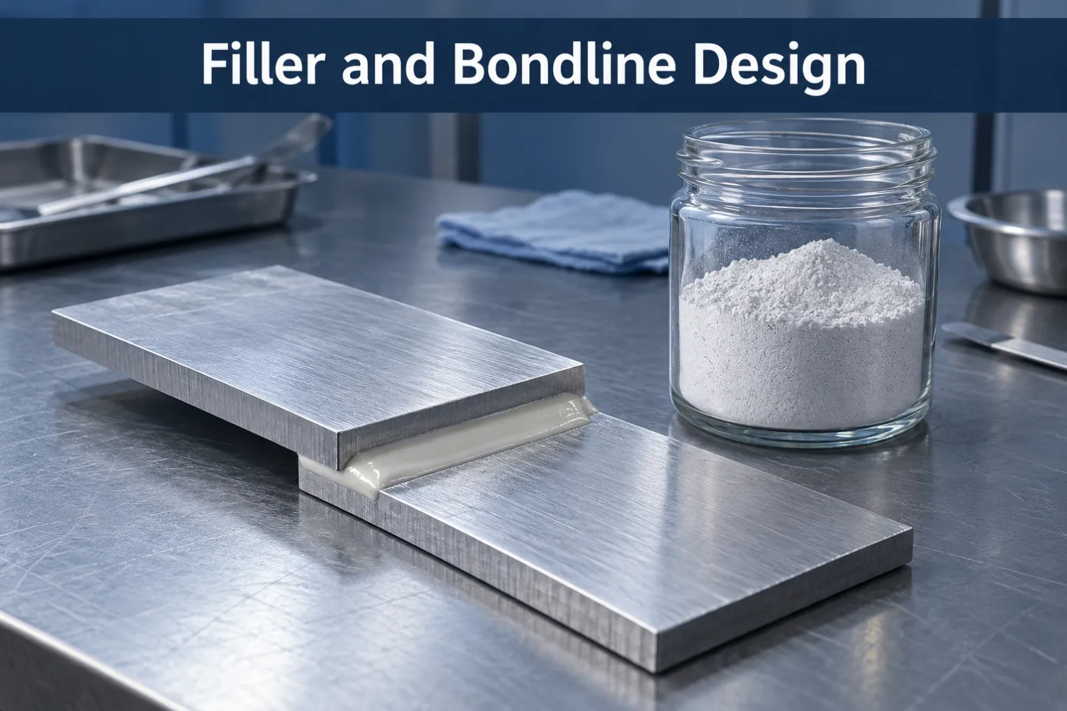 Metal adhesive joint specimens beside a quartz powder sample
