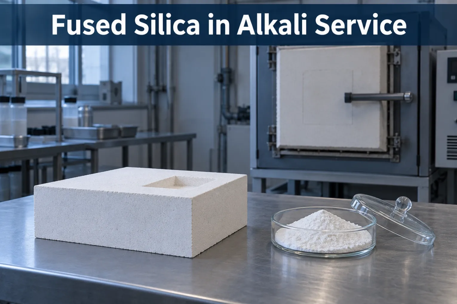 Refractory test block beside fused silica powder and a furnace