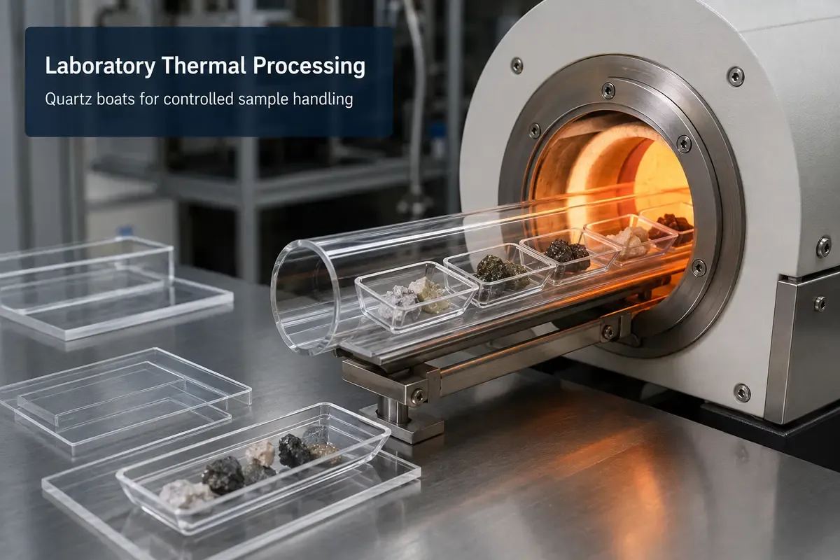 Quartz boats used for controlled sample handling in laboratory thermal processing