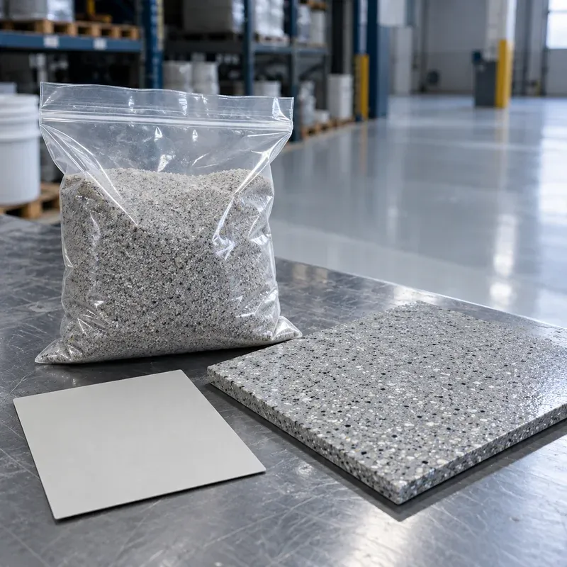 Sealed quartz sand sample and blank shop stock card beside a floor panel