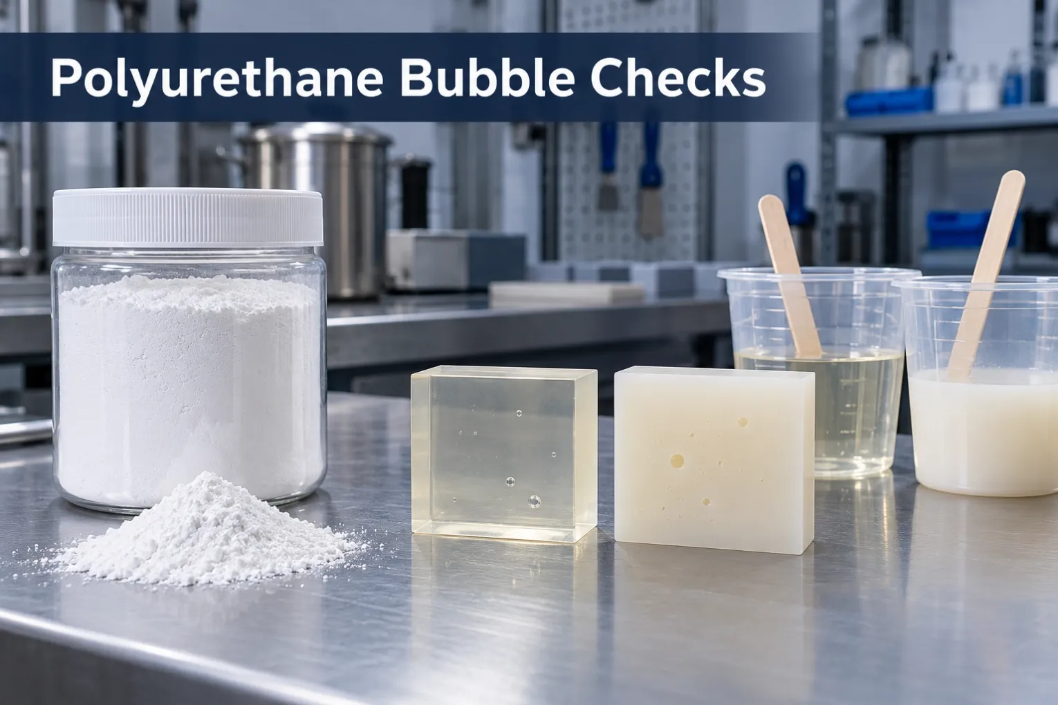 Closed mineral sample and resin casting plaques beside mixing equipment
