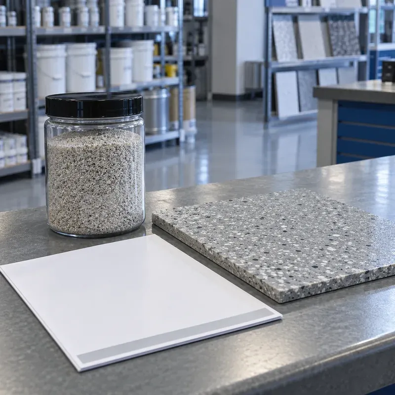 Closed quartz sand sample and cured flooring panel at a trade counter