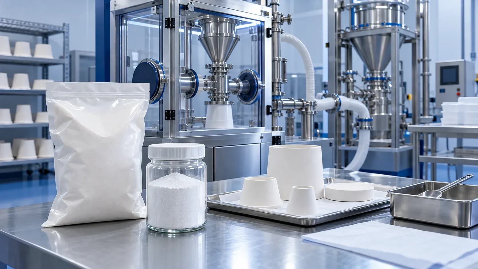 Sealed powder packaging and sample containers in a clean industrial laboratory, illustrating a purchasing and handling review.