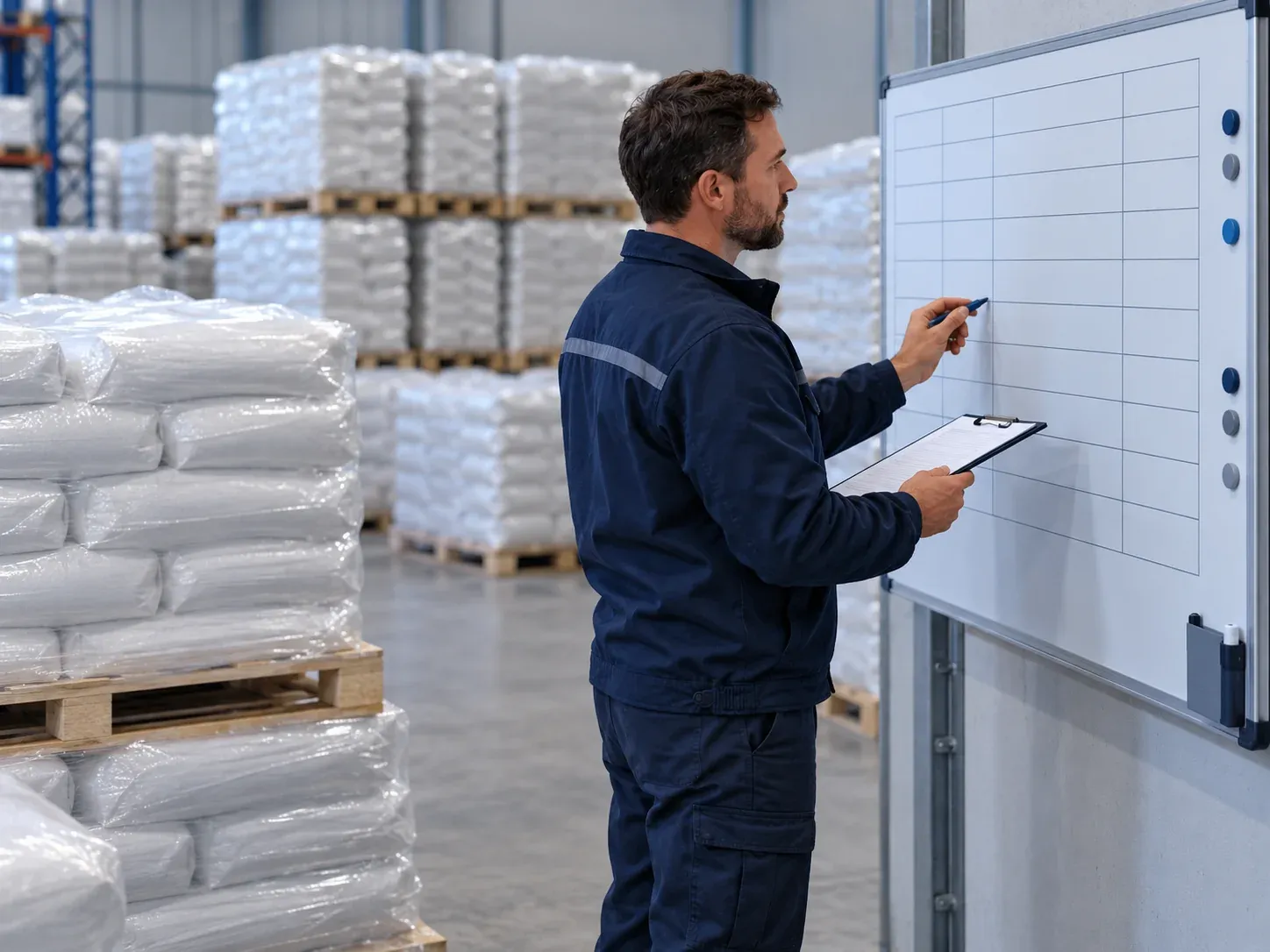 Warehouse planner comparing pallet stock with a blank reorder board