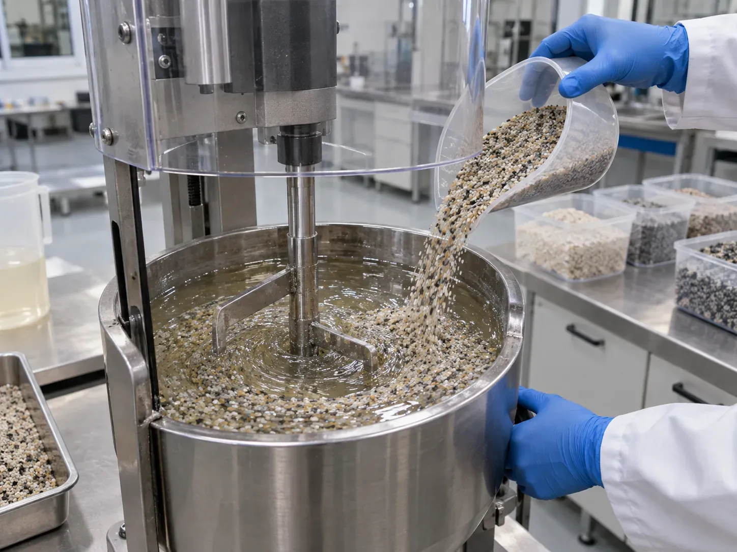 Bench mixing trial of graded quartz aggregate in a resin-bound flooring system