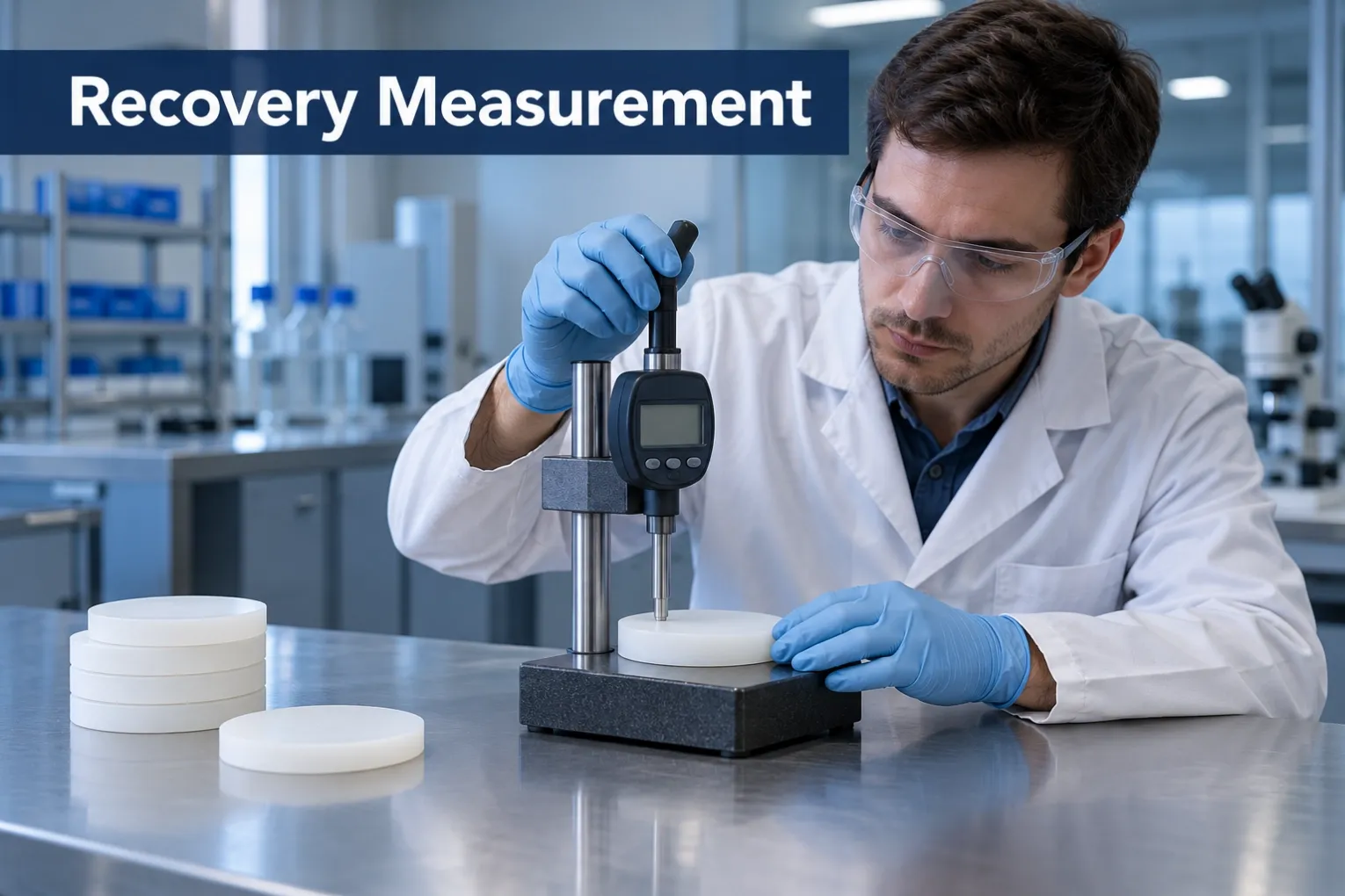Recovery Measurement Technician measuring the thickness of a white silicone disc