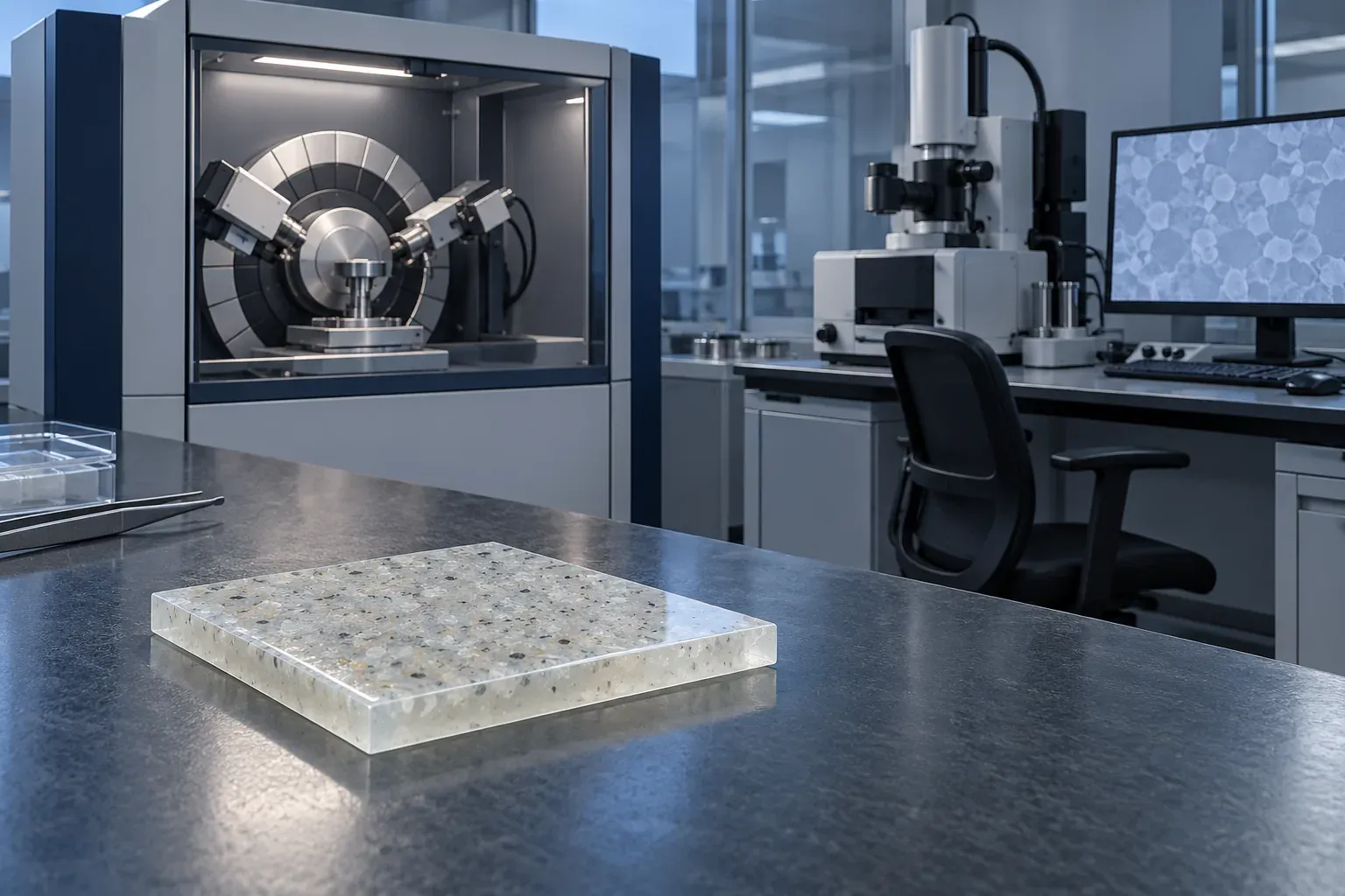 A fired ceramic specimen positioned for laboratory analysis, illustrating phase and microstructure review without displayed test data.