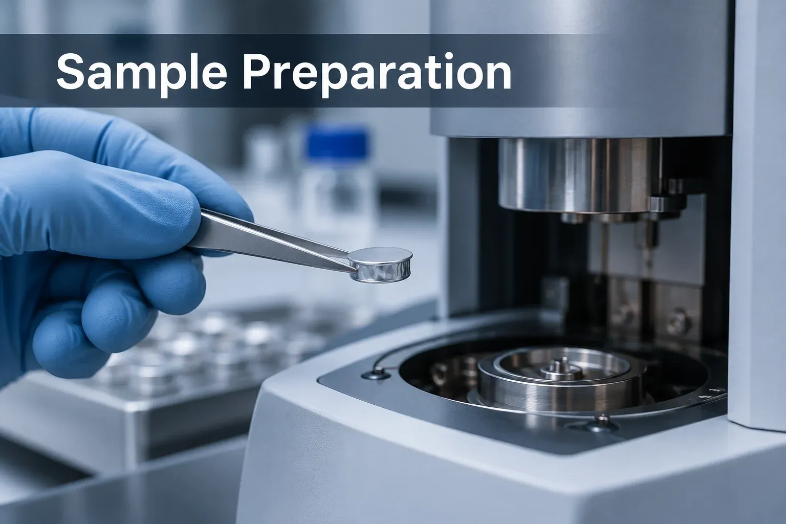 Sample Preparation Gloved technician handling a closed DSC sample pan with tweezers